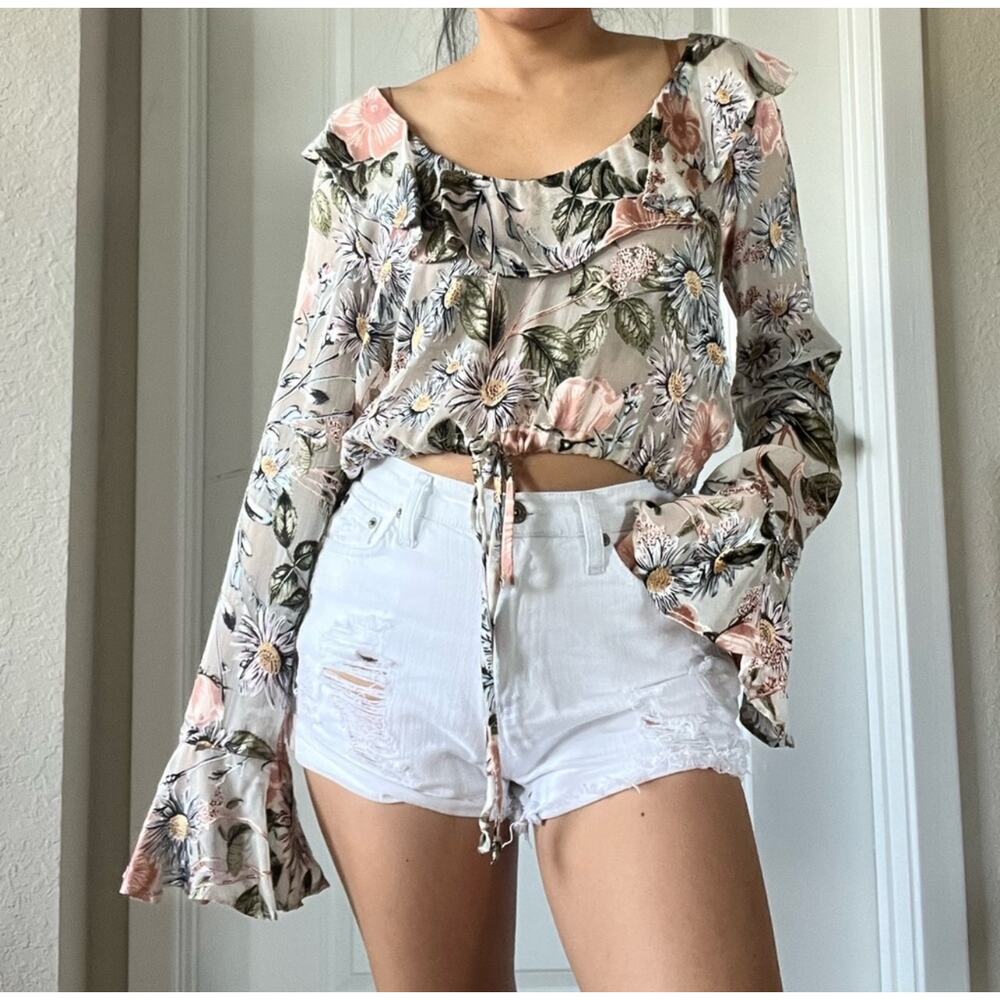 For Love & Lemons Luciana Ruffle Ivory Pink Grey FloralSheer Crop Blouse Small